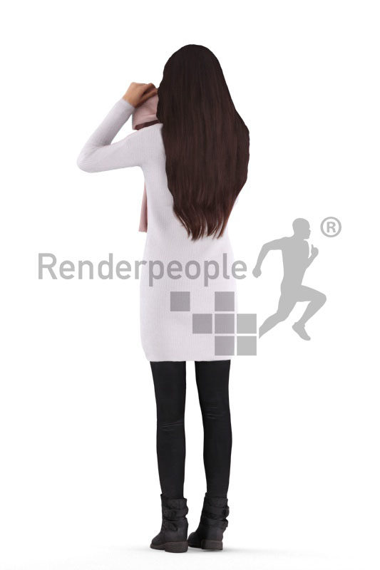 Posed 3D People model by Renderpeople – european woman, putting on a scarf
