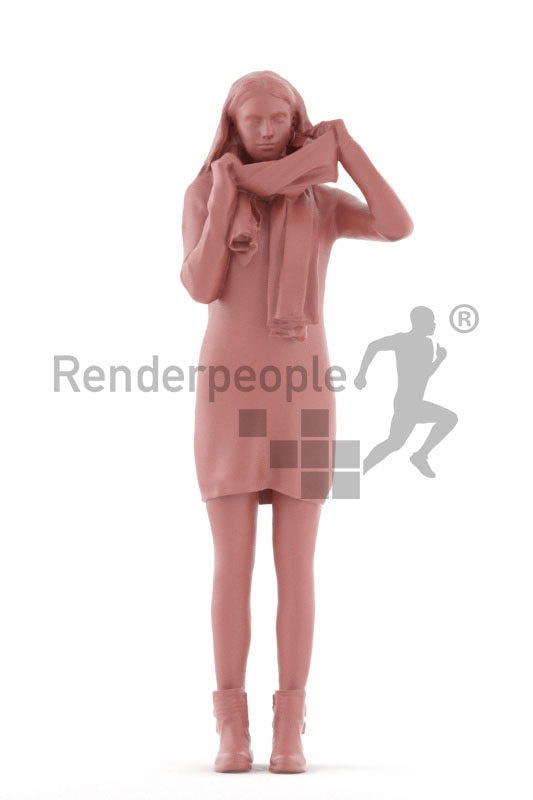 Posed 3D People model by Renderpeople – european woman, putting on a scarf