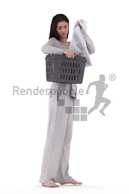 3D People model for 3ds Max and Maya, white woman in sleepwear, picking up laundry, with laundry basket