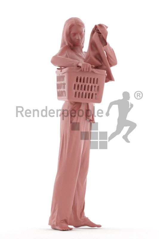 3D People model for 3ds Max and Maya, white woman in sleepwear, picking up laundry, with laundry basket