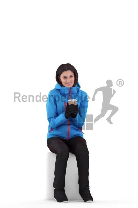 Scanned human 3D model by Renderpeople – white woman in skiing wear, sitting and holding a cup of coffee