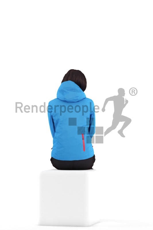 Scanned human 3D model by Renderpeople – white woman in skiing wear, sitting and holding a cup of coffee