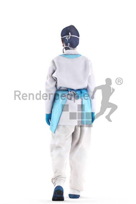 Posed 3D People model by Renderpeople – asian woman in medical safety clothes, walking