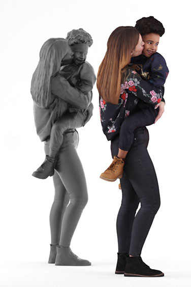 Scanned posed 3D People model. Free of charge. Mother with Child on her arms. Casual Clothing.